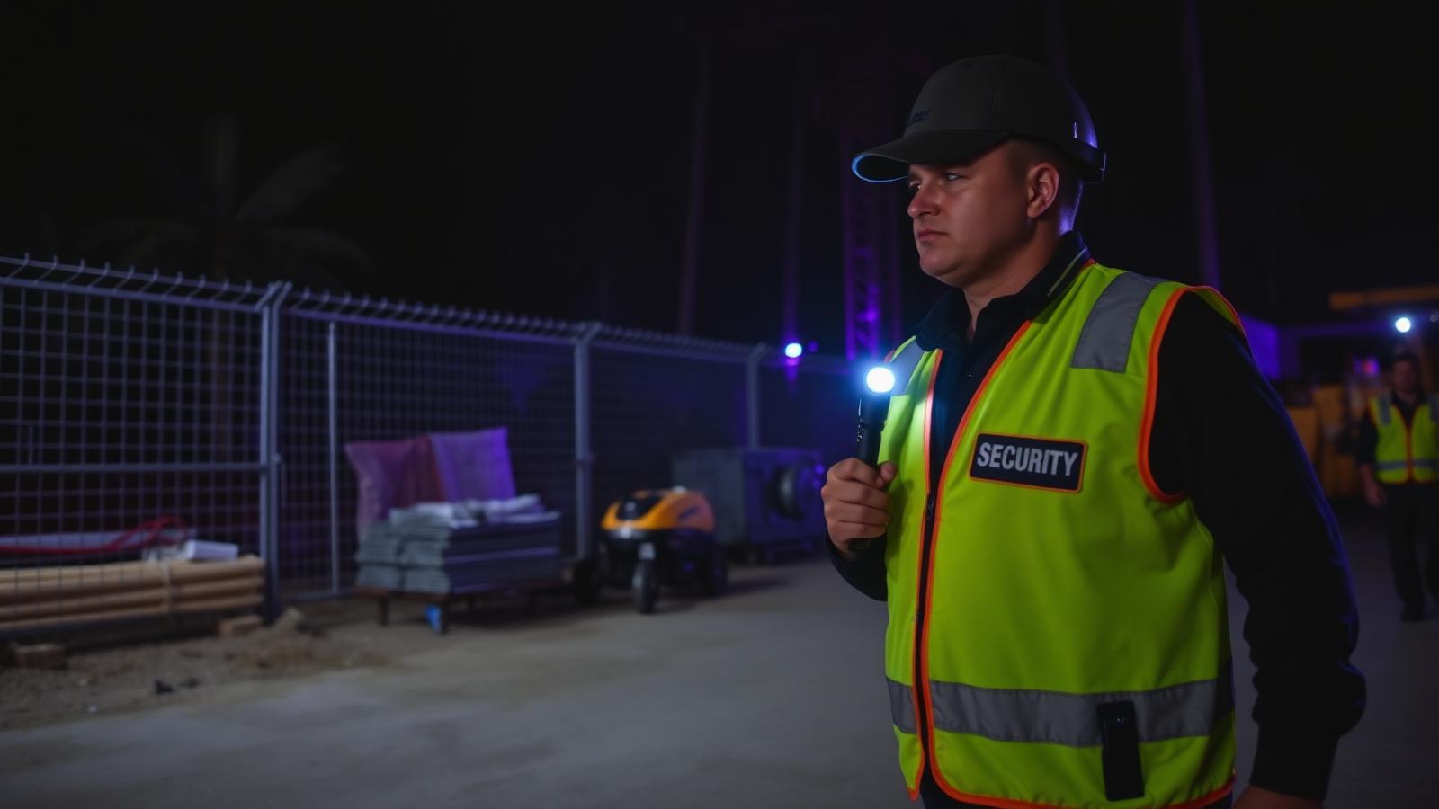 Agent de sécurité privée en ronde de nuit sur un chantier de construction en Guadeloupe