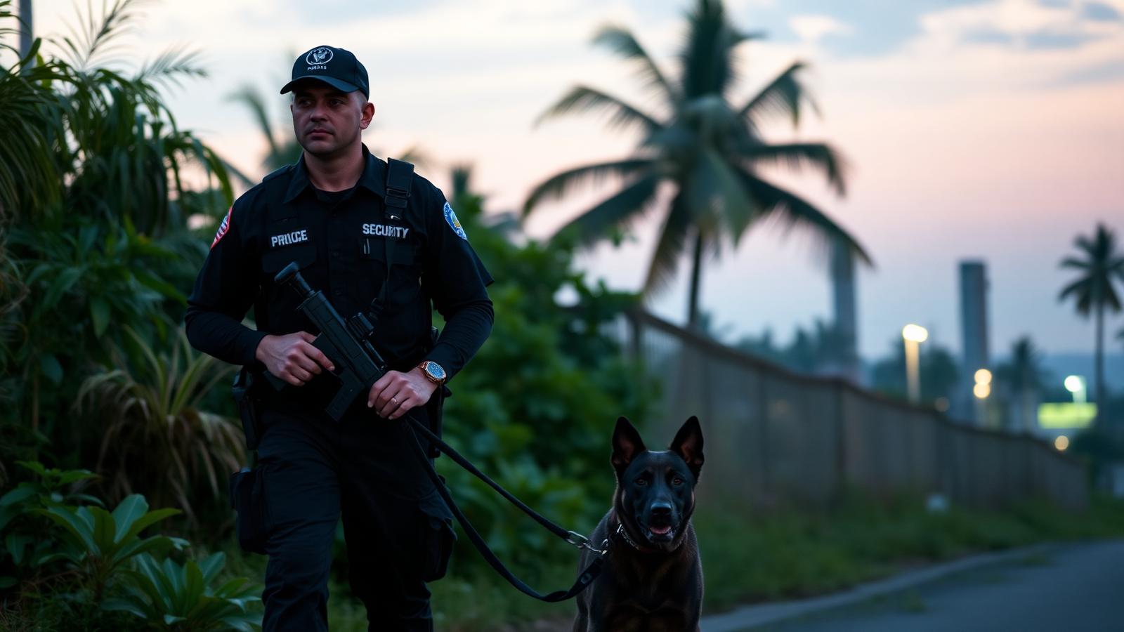 Agent cynophile et son chien en patrouille le long d'une clôture de site industriel au crépuscule