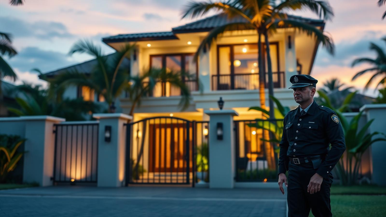 Agent de sécurité privée devant le portail d'une villa en Guadeloupe au crépuscule